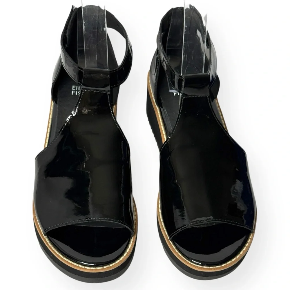 EILEEN FISHER Data Black Patent Ankle‎ Strap Wedge Sandals Size 7